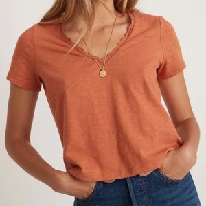 Marine Layer Rhea Lace Trim V-Neck Tee in Amber Brown